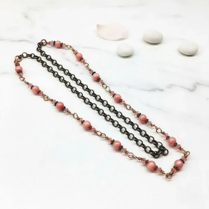 24-Inch Copper Peach Pearl Crystal Wire Wrapped Necklace featuring peach pearls and antique copper chain.