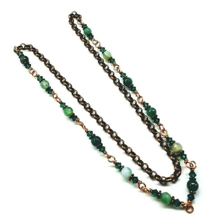 24 inches emerald agate wire wrapped necklace featuring emerald-striped agate gemstones and crystals.