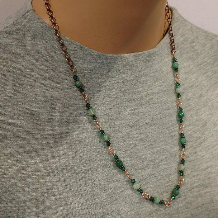 24 inches emerald agate wire wrapped necklace showcased on mannequin against a gray shirt.
