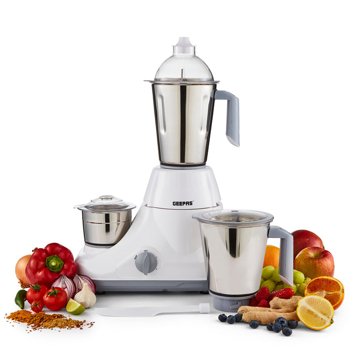 White 3-in-1 Geepas mixer grinder on a white background with different fruit and vegetables around it.