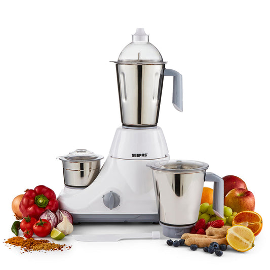 White 3-in-1 Geepas mixer grinder on a white background with different fruit and vegetables around it.