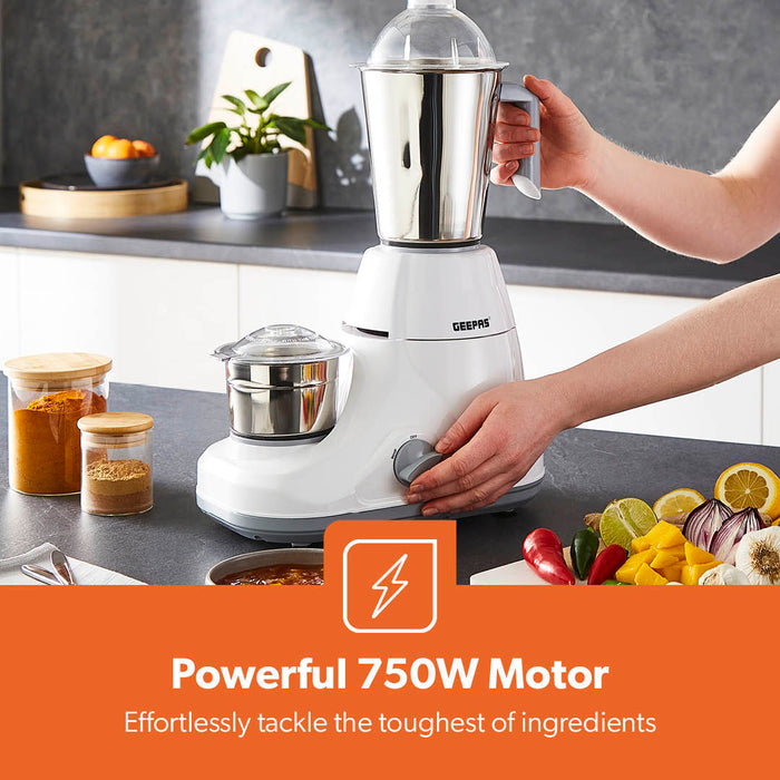 Image showing off the Geepas mixer grinder on top of the kitchen countertop with a powerful 750W motor.