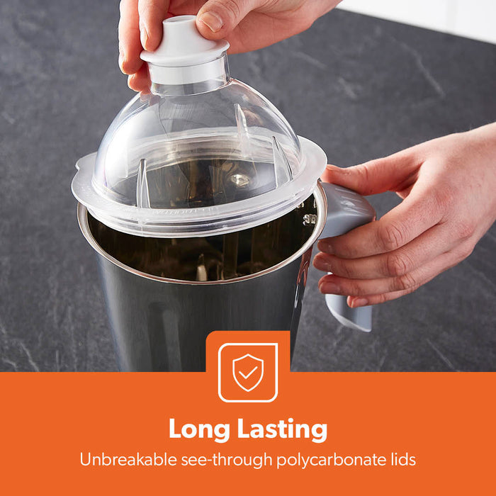 The 3-in-1 mixer grinder showing off one of the long lasting unbreakable see through lids and jugs of the mixer grinder.