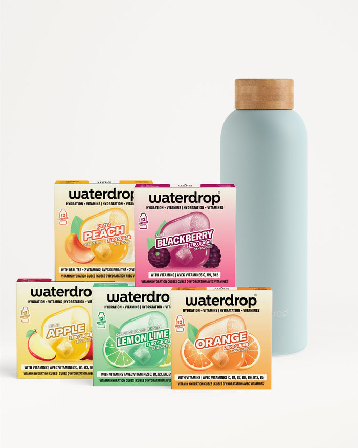 30 Days Starter Set Thermo Steel: hydration cubes and water bottle.