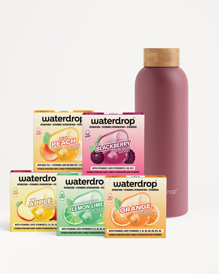 30 Days Starter Set Thermo Steel: hydration cubes and mauve bottle.