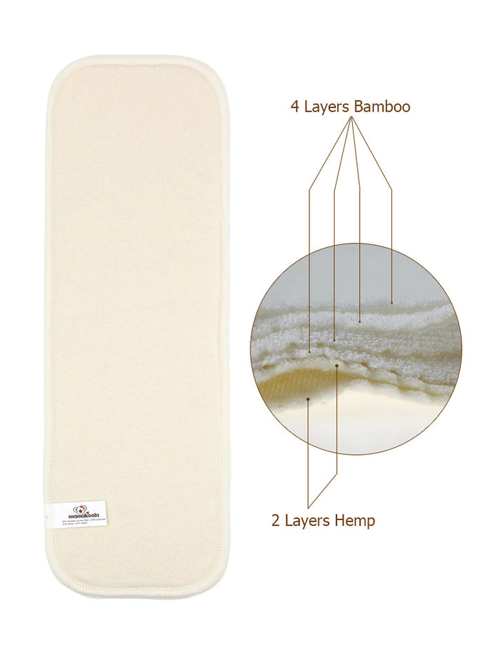 6-Layer Bamboo Hemp Cotton Cloth Diaper Insert NO Snaps- Night Time Solution