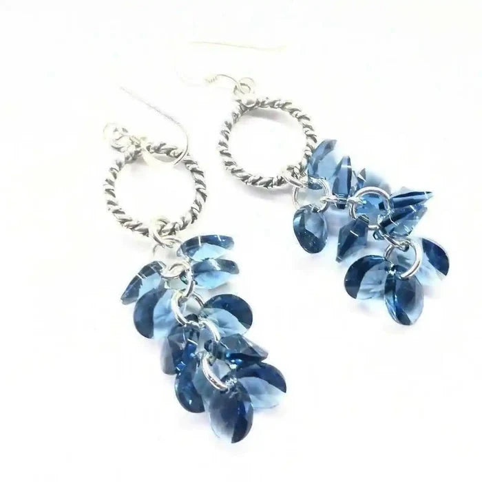 925 Silver Denim Blue Cascading Crystal Cluster Earrings with sparkling blue crystal clusters.