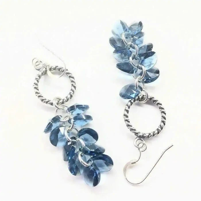 925 Silver Denim Blue Cascading Crystal Cluster Earrings showcasing a stunning cluster of blue crystals and elegant silver design.