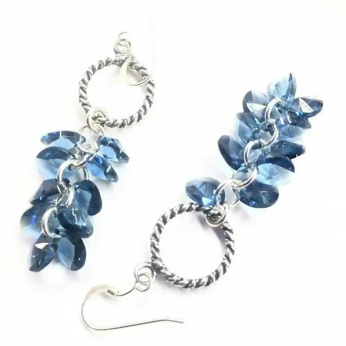925 Silver Denim Blue Cascading Crystal Cluster Earrings with shimmering blue crystals on silver hooks.