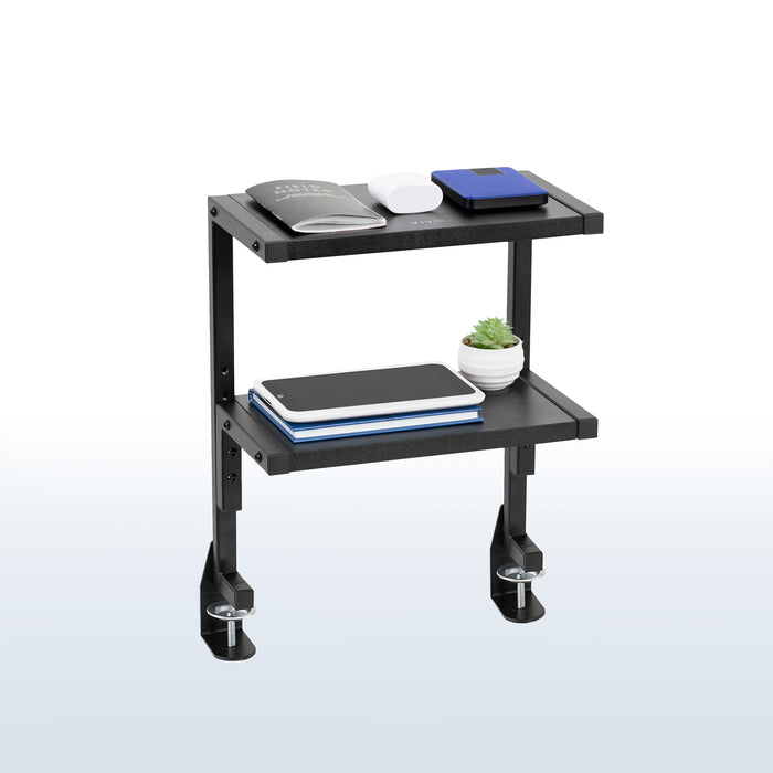 Sleek above desk or below desk clamp-on shelf with two shelves for convenient storage and organization. Lower shelf height adjusts and is removable.