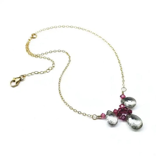 Adjustable Gold Filled Wire Wrapped Gemstone Necklace featuring rainbow quartz and fuchsia Swarovski crystals.