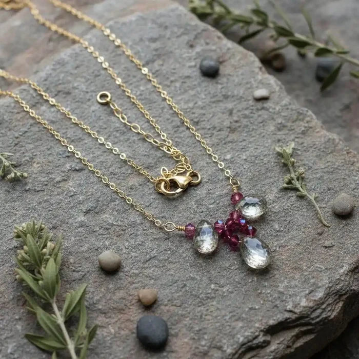 Adjustable Gold Filled Wire Wrapped Gemstone Necklace with mystic rainbow quartz and fuchsia Swarovski crystals.