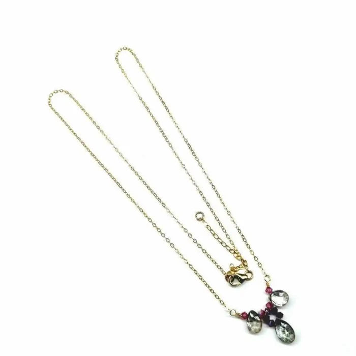 Adjustable Gold Filled Wire Wrapped Gemstone Necklace featuring mystic rainbow quartz and fuchsia Swarovski crystals