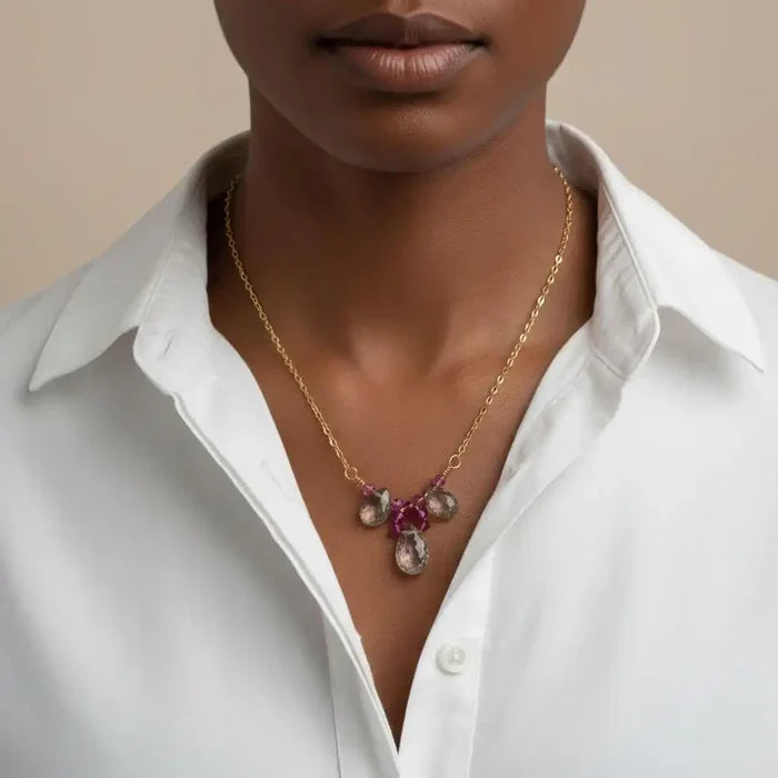 Adjustable Gold Filled Wire Wrapped Gemstone Necklace featuring mystic rainbow quartz and fuchsia Swarovski crystals.