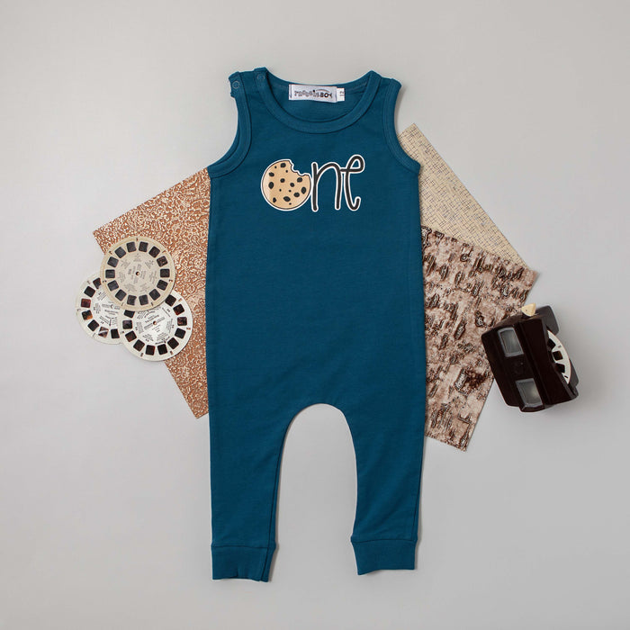 Aegean Blue "One" Slim Fit Cookie Themed Sleeveless Romper