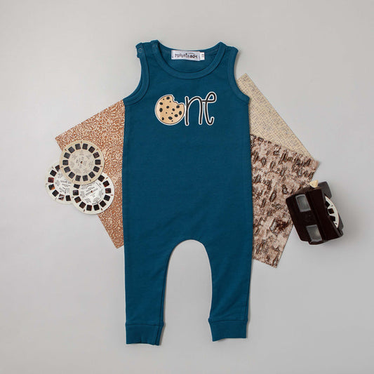 Aegean Blue "One" Slim Fit Cookie Themed Sleeveless Romper