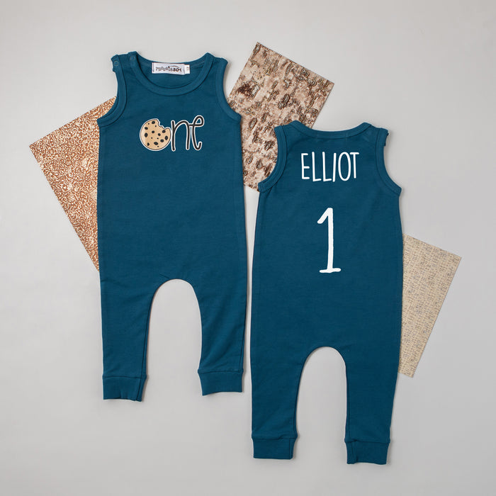 Aegean Blue "One" Slim Fit Cookie Themed Sleeveless Romper