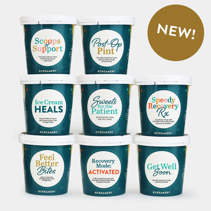 Assorted ice cream pints with various After Surgery themed messages on a white background with a "NEW" callout.
