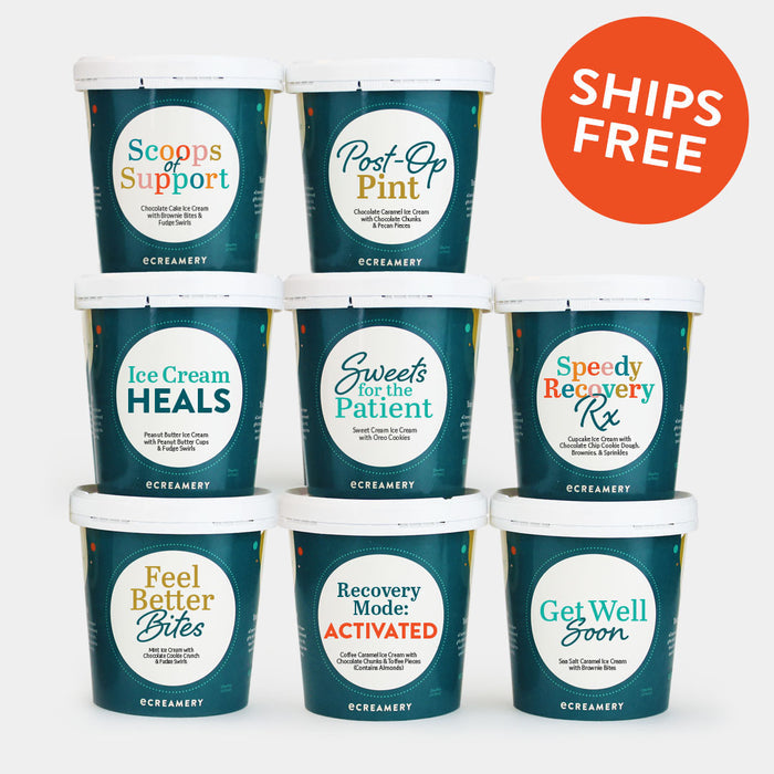 Assorted ice cream pints with various After Surgery themed messages on a white background with a "SHIPS FREE" callout.
