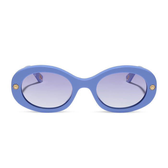 diff eyewear x disney alice in wonderland alice round sunglasses in a periwinkle blue acetate frame and periwinkle blue gradient lenses front view