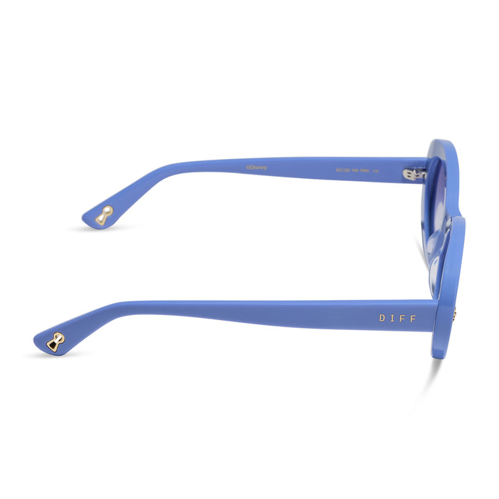 diff eyewear x disney alice in wonderland alice round sunglasses in a periwinkle blue acetate frame and periwinkle blue gradient lenses side view