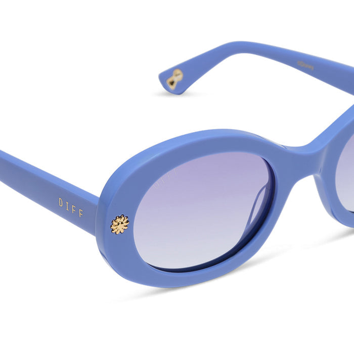diff eyewear x disney alice in wonderland alice round sunglasses in a periwinkle blue acetate frame and periwinkle blue gradient lenses detailed view