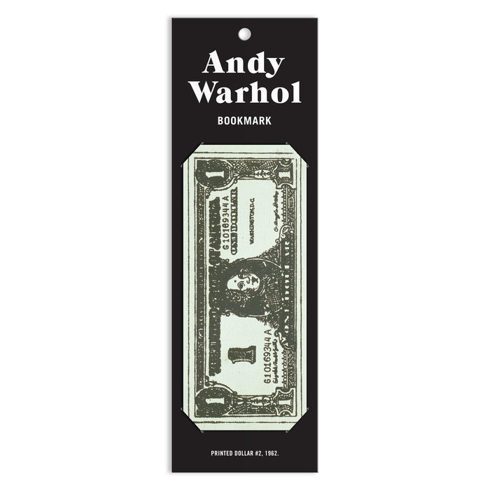 The Andy Warhol Dollar Bill Shaped Bookmark is packaged in a black rectangular sleeve featuring his name at the top, with the bookmark inside and PRINTED DOLLAR #2, 1982 text at the bottom.