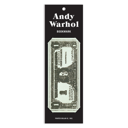The Andy Warhol Dollar Bill Shaped Bookmark is packaged in a black rectangular sleeve featuring his name at the top, with the bookmark inside and PRINTED DOLLAR #2, 1982 text at the bottom.
