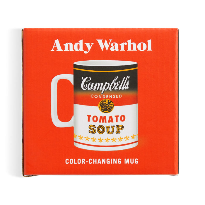 A red box labeled Andy Warhol displays the Andy Warhol Soup Can Color Changing Ceramic Mug with a classic Campbell’s Tomato Soup design. “Color-Changing Mug” appears at the bottom.