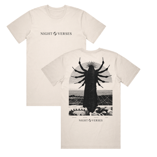 Ivory white T-shirt. The front of the shirt has black text has reads "NIGHT VERSES". The back of the shirt has an arched window design, with the black outline of a robed person inside of it. The Person has 10 arms all holding sticks. There is also a crown coming from the head of the person. The text "NIGHT VERSES" is on the bottom.
