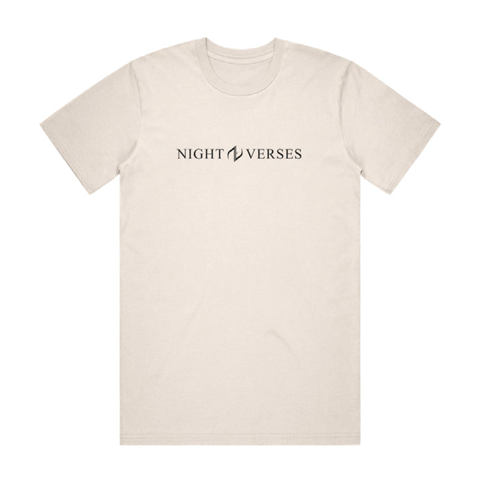 Ivory white T-shirt. The front of the shirt has black text has reads "NIGHT VERSES".