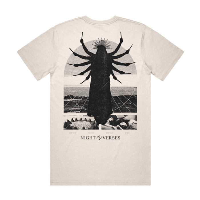 The back of the shirt has an arched window design, with the black outline of a robed person inside of it. The Person has 10 arms all holding sticks. There is also a crown coming from the head of the person. The text "NIGHT VERSES" is on the bottom.