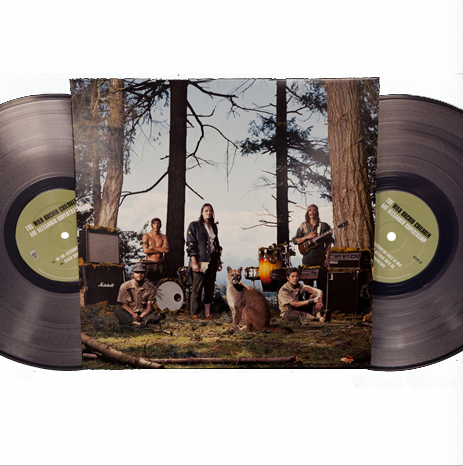 There is a vinyl jacket with a photo of people holding instruments and standing in front of trees. There are amps and percussion instruments behind these people, and a wild animal in the front center of all of it. There are two clear vinyl peeking out from the left and right sides of the vinyl jacket.