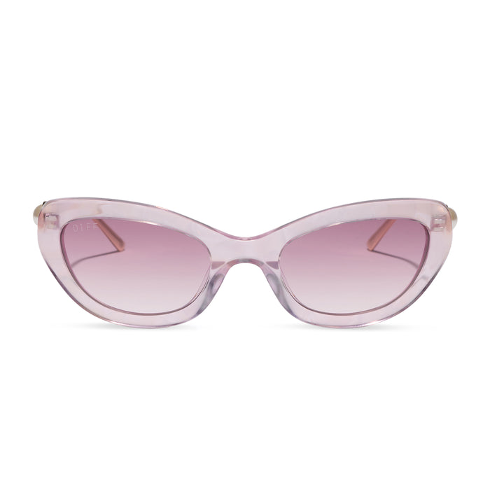 diff eyewear x disney princess featuring the ariel 3.0 cateye sunglasses with a pink acetate frame and wine gradient lenses front view