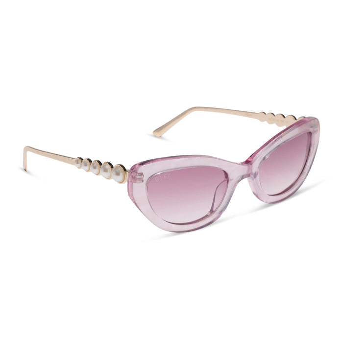 diff eyewear x disney princess featuring the ariel 3.0 cateye sunglasses with a pink acetate frame and wine gradient lenses angled view