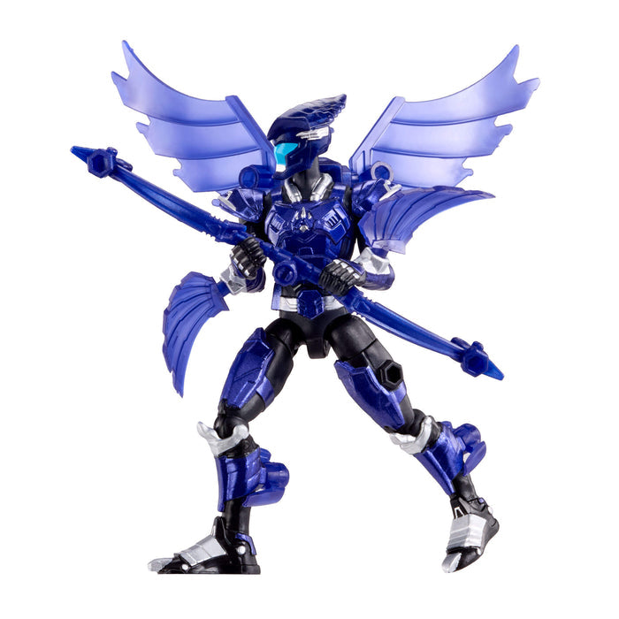 Blue and black action figure with wings on a white background