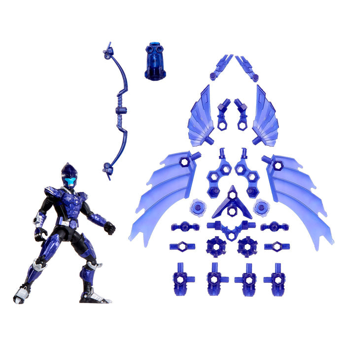 Blue action figure with interchangeable parts on a white background