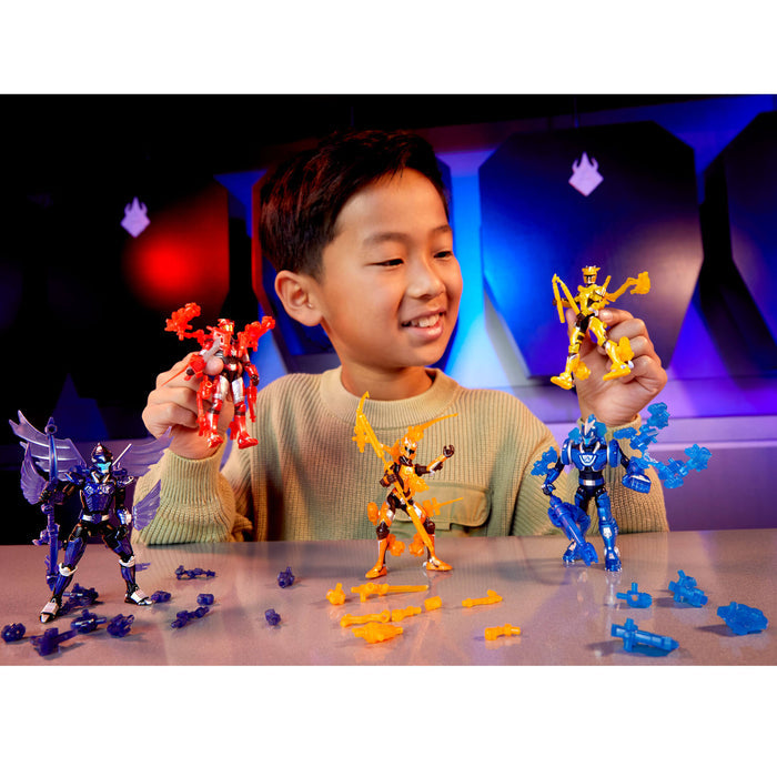 Child playing with five toy figures on a table with colorful background
