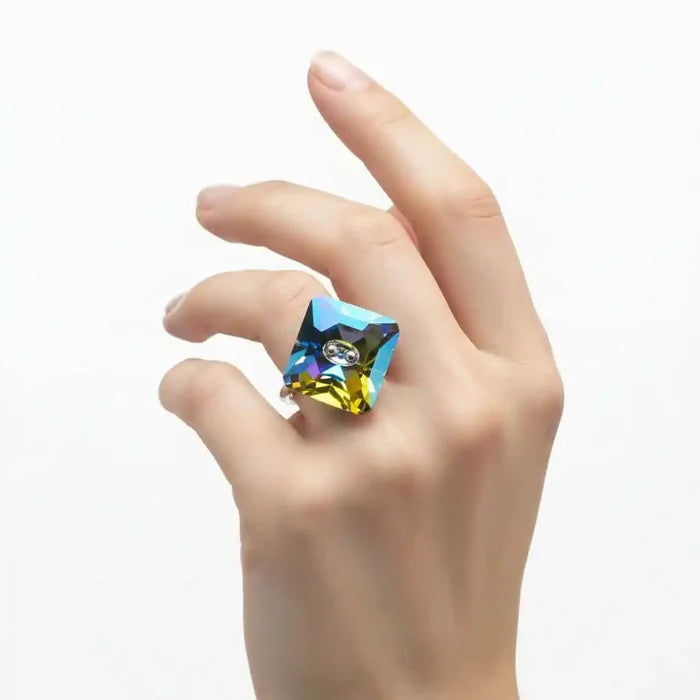 As Seen on Maisie William Super Sparkly Crystal Bling Ring worn on hand, featuring a colorful Swarovski crystal.