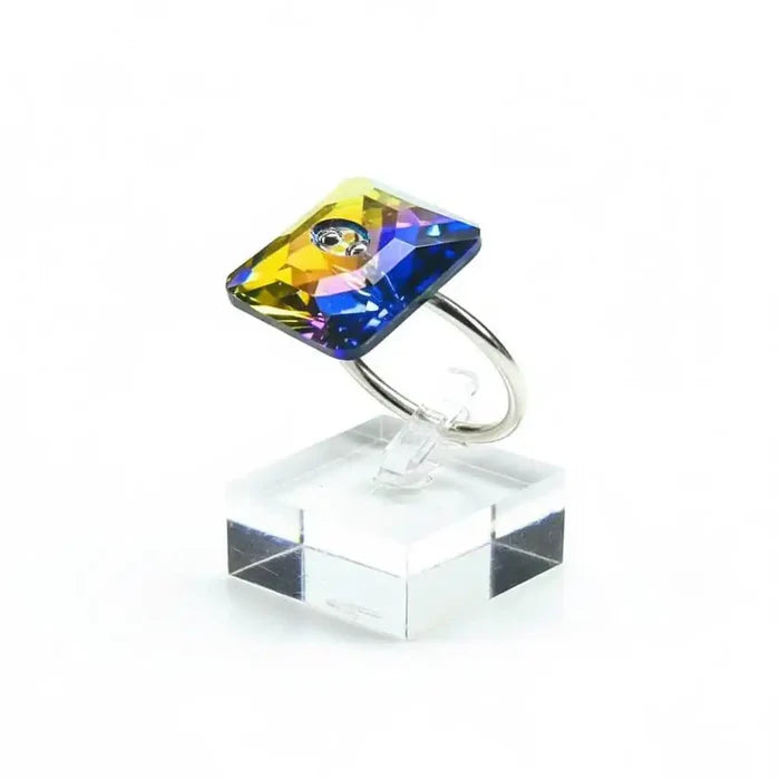 As Seen on Maisie William Super Sparkly Crystal Bling Ring displayed on a clear stand, featuring a colorful Swarovski crystal.