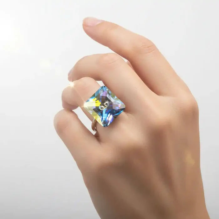 As Seen on Maisie William Super Sparkly Crystal Bling Ring showcased on a hand with a stunning multi-colored Swarovski crystal.