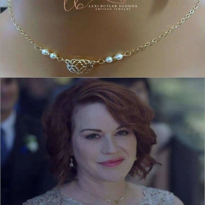 As Seen on Molly Ringwald Gold Filled Pearl Choker Necklace worn in Riverdale, featuring elegant design and pearl accents.