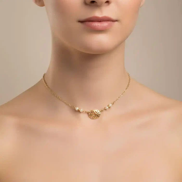 As Seen on Molly Ringwald Gold Filled Pearl Choker Necklace worn by a model showcasing its elegant design.