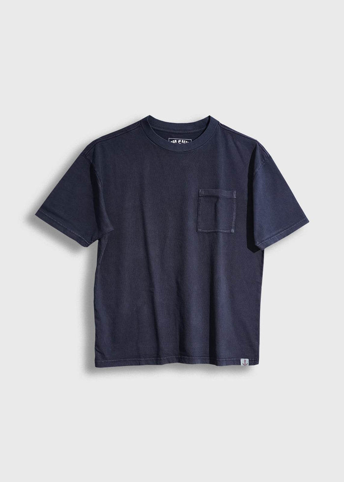 Men’s 7.6 oz cotton, navy pocket tee with boxy fit and chest pocket, heavyweight everyday t-shirt with clean workwear style and soft feel