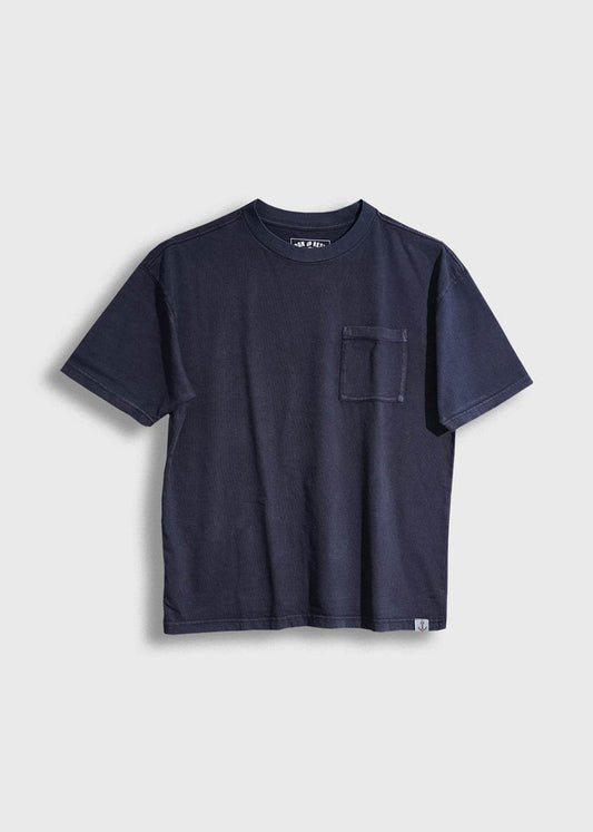 Men’s 7.6 oz cotton, navy pocket tee with boxy fit and chest pocket, heavyweight everyday t-shirt with clean workwear style and soft feel