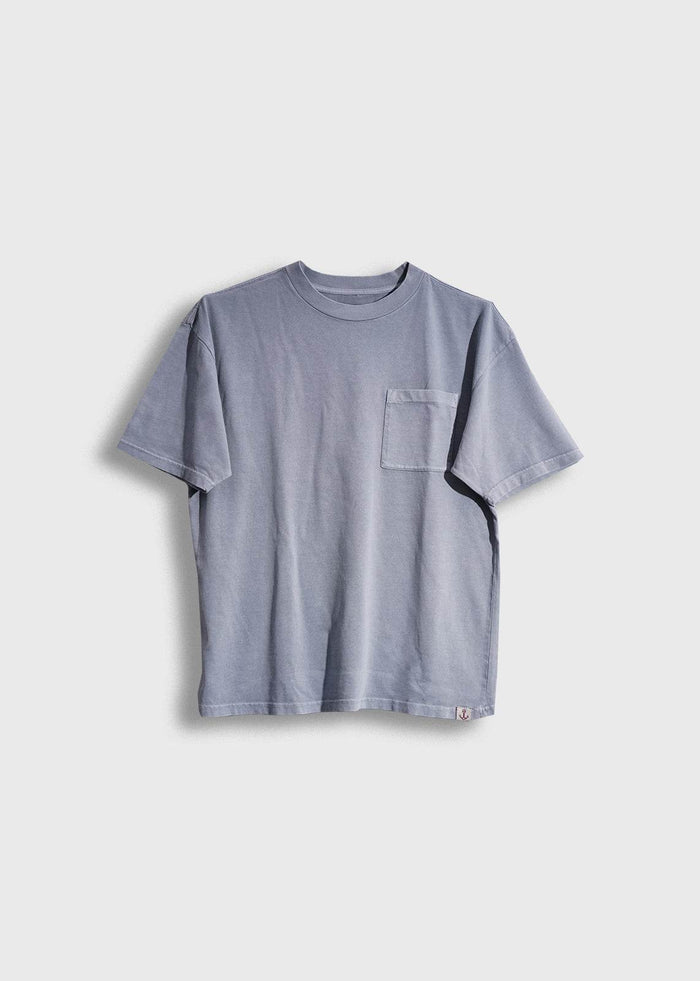 Men’s 7.6 oz cotton, light blue pocket tee with boxy fit and chest pocket, heavyweight everyday t-shirt with clean workwear style and soft feel