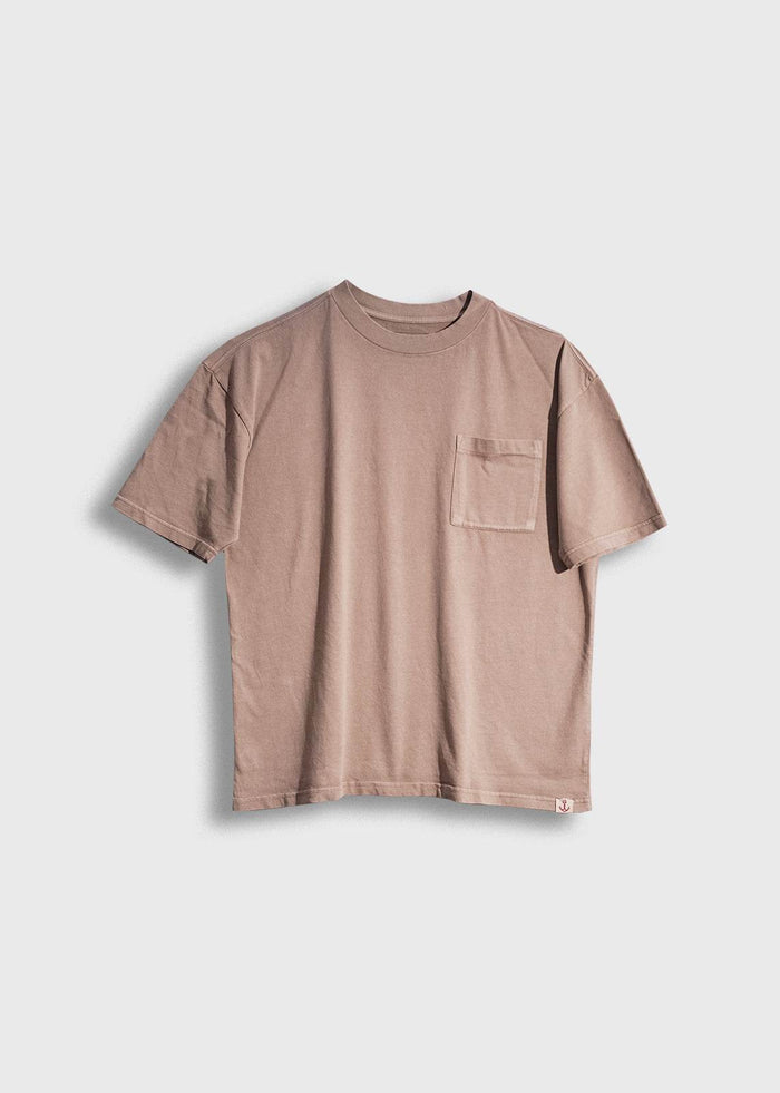 Men’s 7.6 oz cotton, tan pocket tee with boxy fit and chest pocket, heavyweight everyday t-shirt with clean workwear style and soft feel