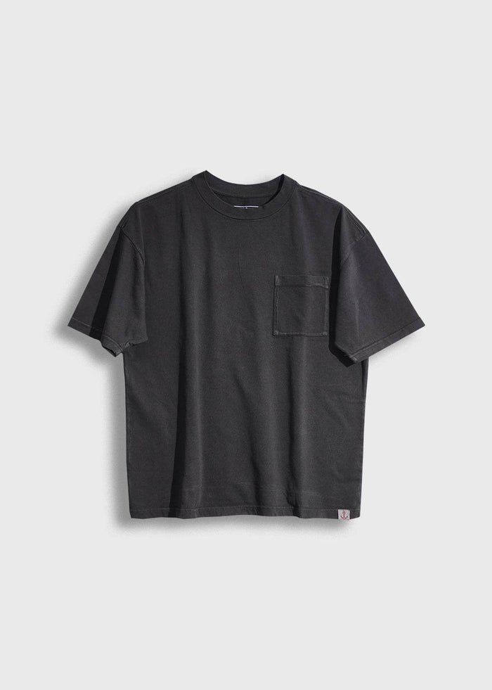 Men’s 7.6 oz cotton, black pocket tee with boxy fit and chest pocket, heavyweight everyday t-shirt with clean workwear style and soft feel