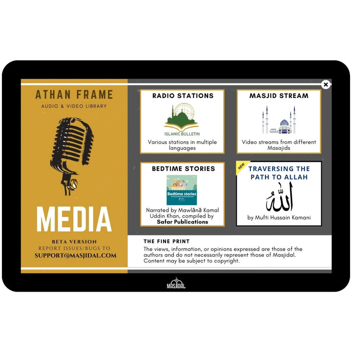 My Adhan Clock media screen displaying Islamic radio, kids’ bedtime stories, and faith-based audio content for families