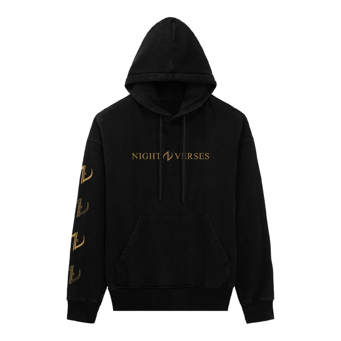 Black pullover hoodie. Hoodie has gold print on the front with the text "NIGHT VERSES". The right sleeve has four V letter logos going down it.